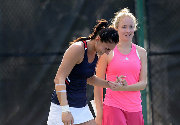 Jaksic shares a laugh with doubles partner Julia Glushko. Photo: Christopher Levy